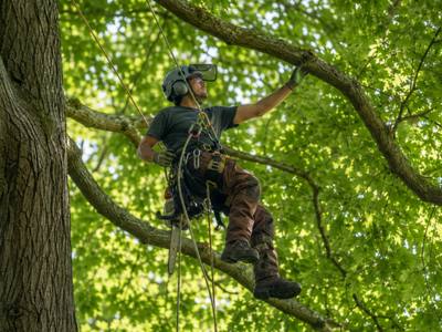 Crew member cutting a branch section overhead