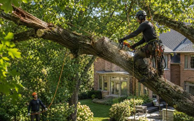 Crew clearing storm-damaged tree limbs from a yard